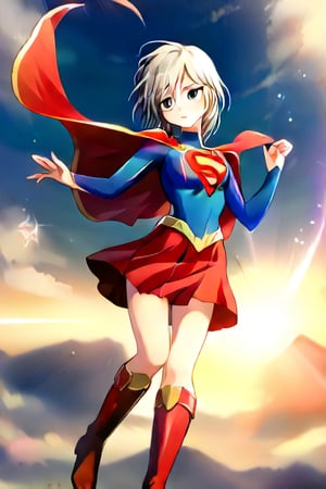 Anastasia, with her serene and graceful demeanor, brings a calm yet powerful elegance to the classic Supergirl costume. The bold blue top, emblazoned with the red and yellow 'S' emblem, contrasts beautifully with her platinum gray hair, which falls gracefully around her shoulders. Her red cape flows gently behind her, adding a sense of poise and quiet strength to her look. The red skirt and red knee-high boots complete the ensemble, highlighting her tall and slender figure, giving her an aura of both beauty and power.

Anastasia’s expression, typically calm and thoughtful, now carries a subtle determination, blending her natural grace with the heroic essence of Supergirl. Her transformation captures the perfect balance of elegance and strength, embodying the spirit of a true heroine. In this superhero guise, Anastasia shines as a protector, ready to take on any challenge with her composed confidence and quiet resolve, inspiring those around her with both her beauty and inner strength,supergirl,ANASTASIA