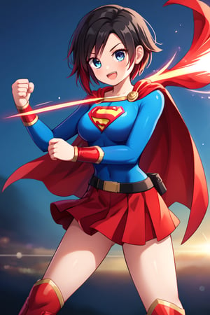 Ruby Rose, with her boundless energy and unwavering sense of justice, looks striking in the classic Supergirl costume. The vibrant blue top, featuring the iconic red and yellow 'S' emblem, perfectly complements her bold and heroic nature. A red cape flows behind her, adding a dynamic flair as it moves with her quick and agile stance, reminiscent of her usual combat style. The red skirt and knee-high boots complete the look, enhancing her athletic form and giving her the appearance of a young, determined superhero ready to protect the world.

Ruby’s signature short black hair with red tips stands out against the costume, while her cheerful and optimistic smile shines through, embodying the essence of Supergirl's hope and strength. The costume enhances her natural sense of leadership and bravery, making her a perfect fit for the role of a superhero. In this transformation, Ruby blends her youthful enthusiasm with the power and courage of Supergirl, ready to take on any challenge and inspire those around her.