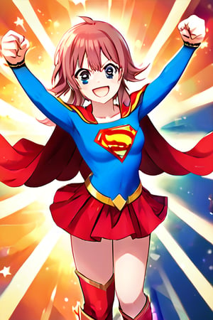 Komiya Kaho, with her boundless energy and enthusiasm, brings a bright and cheerful twist to the classic Supergirl costume. The vibrant blue top with the red and yellow 'S' emblem adds a bold pop of color that perfectly complements her lively personality. Her short, fluffy red hair bounces playfully around her face, while the red cape flows behind her in sync with her dynamic movements. The red skirt and matching knee-high boots complete the look, giving her a fun yet heroic appearance.

With her ever-joyful smile and sparkling eyes, Kaho steps into the role of Supergirl with a youthful excitement, embodying a superhero ready to leap into action with optimism and energy. Her transformation captures her spontaneous and brave spirit, showing a Supergirl who’s not just powerful but also full of heart and enthusiasm. In this costume, Kaho shines as a heroine who brings joy and courage to everyone around her, ready to tackle challenges with her bright outlook and boundless spirit.,KOMIYA KAHO,supergirl