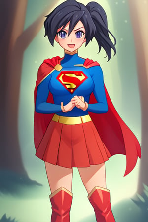 Fujisawa Aya, known for her calm and composed personality, brings a graceful and poised presence to the classic Supergirl costume. The bright blue top with the iconic red and yellow 'S' emblem complements her serene expression and reserved nature. Her shoulder-length, black hair falls neatly around her face, while the red cape flows behind her, adding a subtle sense of movement and strength. The red skirt and red knee-high boots complete the look, giving her an elegant yet empowered appearance.

With her gentle smile and calm demeanor, Aya embodies a more thoughtful and composed take on Supergirl, blending heroism with her usual grace. In this costume, she conveys quiet strength and resolve, ready to face any challenge with dignity and poise. Her transformation captures the essence of a hero who leads with both compassion and inner strength, making her an inspiring figure who brings warmth and courage to those around her.,supergirl,fujisawa aya(gbd)