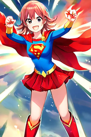 Komiya Kaho, with her boundless energy and enthusiasm, brings a bright and cheerful twist to the classic Supergirl costume. The vibrant blue top with the red and yellow 'S' emblem adds a bold pop of color that perfectly complements her lively personality. Her short, fluffy red hair bounces playfully around her face, while the red cape flows behind her in sync with her dynamic movements. The red skirt and matching knee-high boots complete the look, giving her a fun yet heroic appearance.

With her ever-joyful smile and sparkling eyes, Kaho steps into the role of Supergirl with a youthful excitement, embodying a superhero ready to leap into action with optimism and energy. Her transformation captures her spontaneous and brave spirit, showing a Supergirl who’s not just powerful but also full of heart and enthusiasm. In this costume, Kaho shines as a heroine who brings joy and courage to everyone around her, ready to tackle challenges with her bright outlook and boundless spirit.,KOMIYA KAHO,supergirl