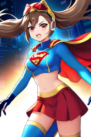 IPMasquerena, known for her edgy, cybernetic design and rebellious nature, takes on a unique look in the classic Supergirl costume. The vibrant blue top, featuring the bold red and yellow 'S' emblem, contrasts with her mechanical elements, creating a striking blend of futuristic style and classic heroism. Her distinct helmet and cybernetic accessories are complemented by the flowing red cape, which adds a dynamic touch to her usually sleek and tactical appearance. The red skirt and red knee-high boots complete the costume, merging her edgy look with Supergirl’s iconic outfit. She has brown hair.

With her signature cool and confident expression, IPMasquerena embraces the strength and courage that come with the Supergirl identity. The costume enhances her already formidable presence, blending her high-tech vibe with the empowering essence of a superhero. In this transformation, she embodies a perfect mix of futuristic toughness and classic heroism, ready to take on any challenge with her strategic mind and unwavering bravery.,I:P Masquerena