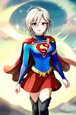 Anastasia, with her serene and graceful demeanor, brings a calm yet powerful elegance to the classic Supergirl costume. The bold blue top, emblazoned with the red and yellow 'S' emblem, contrasts beautifully with her platinum gray hair, which falls gracefully around her shoulders. Her red cape flows gently behind her, adding a sense of poise and quiet strength to her look. The red skirt and knee-high boots complete the ensemble, highlighting her tall and slender figure, giving her an aura of both beauty and power.

Anastasia’s expression, typically calm and thoughtful, now carries a subtle determination, blending her natural grace with the heroic essence of Supergirl. Her transformation captures the perfect balance of elegance and strength, embodying the spirit of a true heroine. In this superhero guise, Anastasia shines as a protector, ready to take on any challenge with her composed confidence and quiet resolve, inspiring those around her with both her beauty and inner strength,supergirl,ANASTASIA