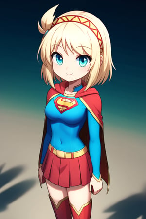 Cayna, with her powerful yet whimsical personality, looks both regal and heroic in the classic Supergirl costume. Her short blond hair flows gracefully down her back, standing out against the vibrant blue top with the iconic red and yellow 'S' emblem emblazoned on her chest. A flowing red cape trails behind her, adding a sense of grandeur and movement to her already imposing presence. The outfit is completed with a red skirt and matching knee-high boots, enhancing her strong and agile figure honed through her magical abilities.

Cayna’s confident yet playful expression, combined with the heroic aura of Supergirl, reflects her status as a powerful mage in the virtual world of Leadale. Her blend of power and warmth makes her a fitting embodiment of Supergirl, radiating both strength and compassion, ready to protect and inspire those around her.
