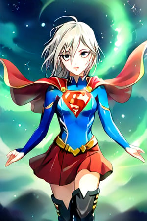 Anastasia, with her serene and graceful demeanor, brings a calm yet powerful elegance to the classic Supergirl costume. The bold blue top, emblazoned with the red and yellow 'S' emblem, contrasts beautifully with her platinum gray hair, which falls gracefully around her shoulders. Her red cape flows gently behind her, adding a sense of poise and quiet strength to her look. The red skirt and knee-high boots complete the ensemble, highlighting her tall and slender figure, giving her an aura of both beauty and power.

Anastasia’s expression, typically calm and thoughtful, now carries a subtle determination, blending her natural grace with the heroic essence of Supergirl. Her transformation captures the perfect balance of elegance and strength, embodying the spirit of a true heroine. In this superhero guise, Anastasia shines as a protector, ready to take on any challenge with her composed confidence and quiet resolve, inspiring those around her with both her beauty and inner strength,supergirl,ANASTASIA