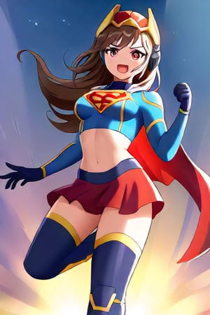 IPMasquerena, known for her edgy, cybernetic design and rebellious nature, takes on a unique look in the classic Supergirl costume. The vibrant blue top, featuring the bold red and yellow 'S' emblem, contrasts with her mechanical elements, creating a striking blend of futuristic style and classic heroism. Her distinct helmet and cybernetic accessories are complemented by the flowing red cape, which adds a dynamic touch to her usually sleek and tactical appearance. The red skirt and red knee-high boots complete the costume, merging her edgy look with Supergirl’s iconic outfit. She has brown hair.

With her signature cool and confident expression, IPMasquerena embraces the strength and courage that come with the Supergirl identity. The costume enhances her already formidable presence, blending her high-tech vibe with the empowering essence of a superhero. In this transformation, she embodies a perfect mix of futuristic toughness and classic heroism, ready to take on any challenge with her strategic mind and unwavering bravery.,I:P Masquerena