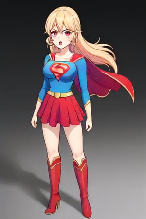 Erina Nakiri, with her regal presence and distinctive long blonde hair, stands confidently in the iconic Supergirl costume. The costume features a bold blue top with the famous red and yellow 'S' shield emblazoned across her chest, symbolizing strength and hope. A flowing red cape cascades from her shoulders, adding a touch of elegance that complements her aristocratic demeanor. The red skirt and matching knee-high boots complete the ensemble, enhancing her powerful yet graceful appearance. Her usual air of sophistication and authority is now combined with the heroic charm of Supergirl, making her look both formidable and inspiring.