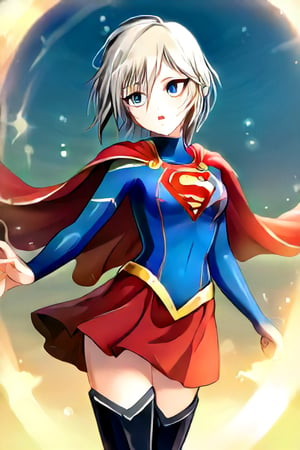 Anastasia, with her serene and graceful demeanor, brings a calm yet powerful elegance to the classic Supergirl costume. The bold blue top, emblazoned with the red and yellow 'S' emblem, contrasts beautifully with her platinum gray hair, which falls gracefully around her shoulders. Her red cape flows gently behind her, adding a sense of poise and quiet strength to her look. The red skirt and red knee-high boots complete the ensemble, highlighting her tall and slender figure, giving her an aura of both beauty and power.

Anastasia’s expression, typically calm and thoughtful, now carries a subtle determination, blending her natural grace with the heroic essence of Supergirl. Her transformation captures the perfect balance of elegance and strength, embodying the spirit of a true heroine. In this superhero guise, Anastasia shines as a protector, ready to take on any challenge with her composed confidence and quiet resolve, inspiring those around her with both her beauty and inner strength,supergirl,ANASTASIA