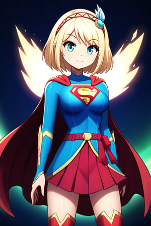 Cayna, with her powerful yet whimsical personality, looks both regal and heroic in the classic Supergirl costume. Her short blonde hair flows gracefully down her back, standing out against the vibrant blue top with the iconic red and yellow 'S' emblem emblazoned on her chest. A flowing red cape trails behind her, adding a sense of grandeur and movement to her already imposing presence. The outfit is completed with a red skirt and matching knee-high boots, enhancing her strong and agile figure honed through her magical abilities.

Cayna’s confident yet playful expression, combined with the heroic aura of Supergirl, reflects her status as a powerful mage in the virtual world of Leadale. Her blend of power and warmth makes her a fitting embodiment of Supergirl, radiating both strength and compassion, ready to protect and inspire those around her.