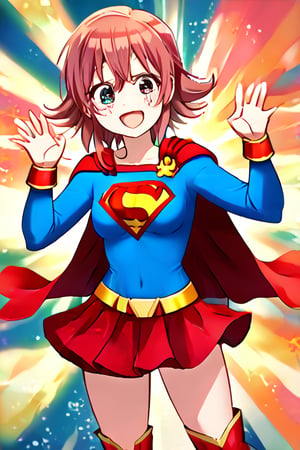 Komiya Kaho, with her boundless energy and enthusiasm, brings a bright and cheerful twist to the classic Supergirl costume. The vibrant blue top with the red and yellow 'S' emblem adds a bold pop of color that perfectly complements her lively personality. Her short, fluffy red hair bounces playfully around her face, while the red cape flows behind her in sync with her dynamic movements. The red skirt and matching knee-high boots complete the look, giving her a fun yet heroic appearance.

With her ever-joyful smile and sparkling eyes, Kaho steps into the role of Supergirl with a youthful excitement, embodying a superhero ready to leap into action with optimism and energy. Her transformation captures her spontaneous and brave spirit, showing a Supergirl who’s not just powerful but also full of heart and enthusiasm. In this costume, Kaho shines as a heroine who brings joy and courage to everyone around her, ready to tackle challenges with her bright outlook and boundless spirit.,KOMIYA KAHO,supergirl