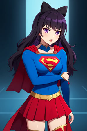 Blake Belladonna, with her quiet yet fierce demeanor, brings a subtle elegance to the classic Supergirl costume. The deep blue top, adorned with the bold red and yellow 'S' emblem, contrasts beautifully with her dark, raven-black hair, which falls gracefully over her shoulders, with her signature bow adding a unique touch. A flowing red cape sways behind her, giving a sense of movement and power, while also highlighting her agile and stealthy nature. The red skirt and knee-high boots complete the look, emphasizing her lithe, athletic frame.

Blake’s calm yet determined expression blends perfectly with the heroic essence of Supergirl, showcasing her strength and resolve. Her quiet strength, paired with the empowering costume, makes her a symbol of resilience and grace. In this transformation, Blake seamlessly combines her natural stealth and independence with the courage and heroism of Supergirl, ready to stand tall and protect those who need it, while still retaining her thoughtful and introspective nature.