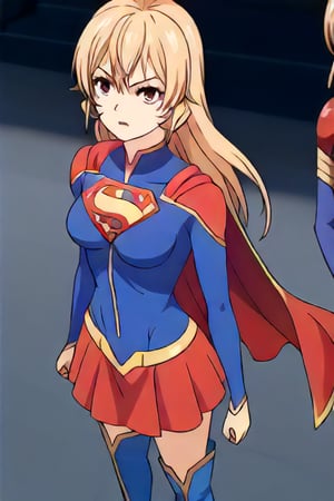 Erina Nakiri, with her regal presence and distinctive long blonde hair, stands confidently in the iconic Supergirl costume. The costume features a bold blue top with the famous red and yellow 'S' shield emblazoned across her chest, symbolizing strength and hope. A flowing red cape cascades from her shoulders, adding a touch of elegance that complements her aristocratic demeanor. The red skirt and matching knee-high boots complete the ensemble, enhancing her powerful yet graceful appearance. Her usual air of sophistication and authority is now combined with the heroic charm of Supergirl, making her look both formidable and inspiring.,supergirl, erina nakiri