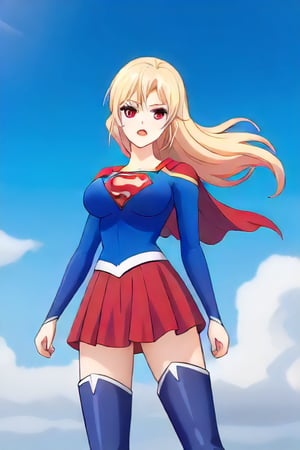 Erina Nakiri, with her regal presence and distinctive long blonde hair, stands confidently in the iconic Supergirl costume. The costume features a bold blue top with the famous red and yellow 'S' shield emblazoned across her chest, symbolizing strength and hope. A flowing red cape cascades from her shoulders, adding a touch of elegance that complements her aristocratic demeanor. The red skirt and matching knee-high boots complete the ensemble, enhancing her powerful yet graceful appearance. Her usual air of sophistication and authority is now combined with the heroic charm of Supergirl, making her look both formidable and inspiring.