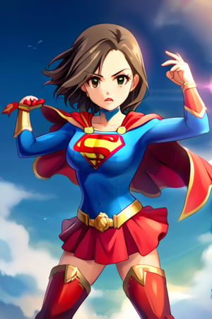 Seira Mizuki, with her cool and elegant demeanor, exudes both grace and strength in the classic Supergirl costume. The bright blue top, featuring the iconic red and yellow 'S' emblem, contrasts beautifully with her long, flowing dark hair. The red cape billows behind her, adding a dramatic and heroic flair as it catches the wind, perfectly complementing her poised and confident stance. The red skirt and red knee-high boots finish the look, accentuating her tall and slender figure, giving her an air of both power and elegance.
Seira’s composed and determined expression perfectly captures the essence of a superhero, blending her natural elegance with the fierce determination of Supergirl. Her transformation into this heroic role highlights her balance of strength and beauty, making her the ideal embodiment of courage and grace, ready to face any challenge with confidence and inspire those around her.
