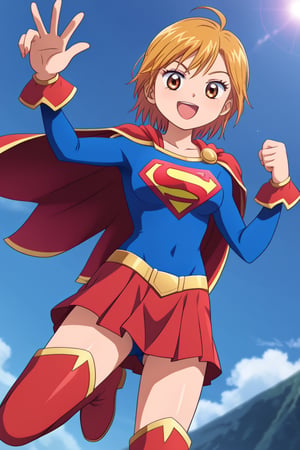 Nagisa Misumi, known for her sporty and energetic personality, brings a spirited charm to the classic Supergirl costume. The vibrant blue top, with the iconic red and yellow 'S' emblem on her chest, highlights her innate sense of justice and determination. A flowing red cape flutters behind her as she stands confidently, adding a heroic and dynamic touch that matches her active, athletic nature. The costume is completed with a red skirt and matching knee-high boots, which perfectly complement her strong and agile figure honed through her love of sports.

Nagisa’s usual bright smile and energetic stance blend seamlessly with the empowering aura of Supergirl, showing off her confidence and readiness to protect those she cares about. This transformation highlights Nagisa’s combination of strength, courage, and enthusiasm, making her the perfect embodiment of a young heroine full of life and ready to take on any challenge that comes her way.