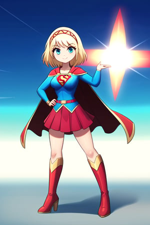 Cayna, with her powerful yet whimsical personality, looks both regal and heroic in the classic Supergirl costume. Her short blonde hair flows gracefully down her back, standing out against the vibrant blue top with the iconic red and yellow 'S' emblem emblazoned on her chest. A flowing red cape trails behind her, adding a sense of grandeur and movement to her already imposing presence. The outfit is completed with a red skirt and matching knee-high boots, enhancing her strong and agile figure honed through her magical abilities.

Cayna’s confident yet playful expression, combined with the heroic aura of Supergirl, reflects her status as a powerful mage in the virtual world of Leadale. Her blend of power and warmth makes her a fitting embodiment of Supergirl, radiating both strength and compassion, ready to protect and inspire those around her.