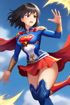 Erika, the skilled and disciplined swordswoman from "Shadowverse," exudes power and grace in the classic Supergirl costume. The vibrant blue top, emblazoned with the red and yellow 'S' emblem, fits perfectly with her fierce and focused demeanor. Her long black hair flows freely, adding a dramatic touch as the red cape billows behind her, accentuating her swift movements and readiness for action. The red skirt, paired with knee-high boots, emphasizes her lithe, athletic form, while maintaining the elegance and precision she's known for in combat.

Erika’s sharp gaze reflects her determination and unwavering sense of duty, blending her natural warrior spirit with the heroic essence of Supergirl. In this transformation, she retains her tactical mindset and sword skills but adds the empowering aura of a superhero. The Supergirl costume highlights her inner strength and drive, making her a symbol of both power and protection, always ready to defend with grace and skill.