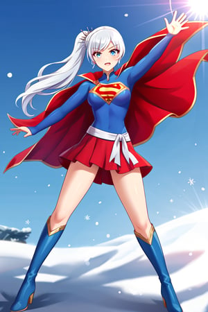 Weiss Schnee, with her graceful poise and sharp elegance, brings a regal touch to the classic Supergirl costume. The vibrant blue top, emblazoned with the red and yellow 'S' emblem, contrasts beautifully with her signature snow-white hair, which is styled in its familiar side ponytail. A flowing red cape drapes behind her, adding a dynamic sense of movement and power, complementing her composed and refined presence. The red skirt and knee-high boots complete the outfit, showcasing her agility and strength.

Weiss’s icy blue eyes and confident expression add a cool, determined edge to the typically bright and hopeful Supergirl persona. Her natural sense of leadership, discipline, and responsibility blend perfectly with the heroic aura of Supergirl. In this transformation, Weiss becomes a symbol of grace and power, ready to stand tall as both a protector and a fighter, combining her unyielding resolve with the strength and courage of a superhero.