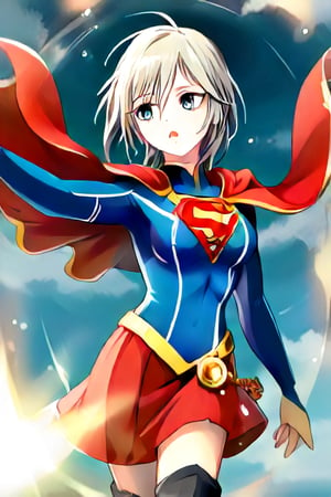 Anastasia, with her serene and graceful demeanor, brings a calm yet powerful elegance to the classic Supergirl costume. The bold blue top, emblazoned with the red and yellow 'S' emblem, contrasts beautifully with her platinum gray hair, which falls gracefully around her shoulders. Her red cape flows gently behind her, adding a sense of poise and quiet strength to her look. The red skirt and red knee-high boots complete the ensemble, highlighting her tall and slender figure, giving her an aura of both beauty and power.

Anastasia’s expression, typically calm and thoughtful, now carries a subtle determination, blending her natural grace with the heroic essence of Supergirl. Her transformation captures the perfect balance of elegance and strength, embodying the spirit of a true heroine. In this superhero guise, Anastasia shines as a protector, ready to take on any challenge with her composed confidence and quiet resolve, inspiring those around her with both her beauty and inner strength,supergirl,ANASTASIA