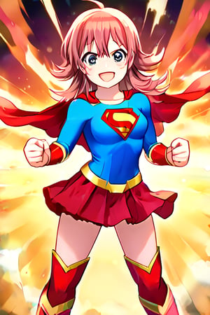 Komiya Kaho, with her boundless energy and enthusiasm, brings a bright and cheerful twist to the classic Supergirl costume. The vibrant blue top with the red and yellow 'S' emblem adds a bold pop of color that perfectly complements her lively personality. Her short, fluffy red hair bounces playfully around her face, while the red cape flows behind her in sync with her dynamic movements. The red skirt and matching knee-high boots complete the look, giving her a fun yet heroic appearance.

With her ever-joyful smile and sparkling eyes, Kaho steps into the role of Supergirl with a youthful excitement, embodying a superhero ready to leap into action with optimism and energy. Her transformation captures her spontaneous and brave spirit, showing a Supergirl who’s not just powerful but also full of heart and enthusiasm. In this costume, Kaho shines as a heroine who brings joy and courage to everyone around her, ready to tackle challenges with her bright outlook and boundless spirit.,KOMIYA KAHO,supergirl