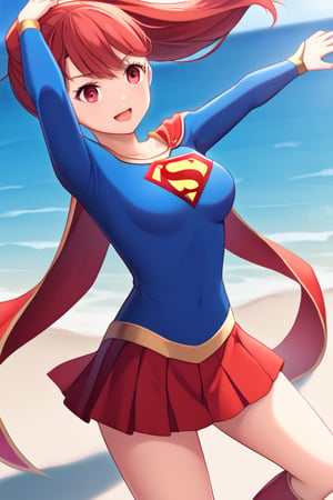 Kasumi Yoshizawa, with her graceful and athletic poise, looks stunning and heroic in the classic Supergirl costume. The vibrant blue top, emblazoned with the iconic red and yellow 'S' emblem on her chest, reflects her energetic and optimistic nature. A flowing red cape billows behind her, adding a dynamic touch to her already agile form. The costume is completed with a red skirt and matching knee-high boots, highlighting her slim yet strong physique, honed from years of rhythmic gymnastics. Kasumi’s usual bright smile and determined expression blend perfectly with the confident, courageous aura of Supergirl, showcasing her balance of elegance and strength. In this transformation, Kasumi embodies the essence of a true heroine—both graceful and powerful, ready to take on any challenge with a blend of cheerfulness and resolve. she has red hair in a ponytail.,supergirl,yoshizawa kasumi