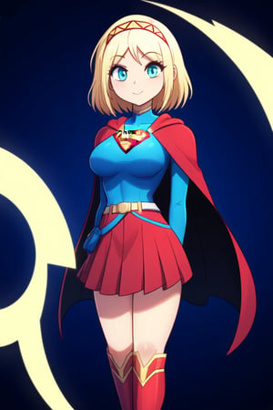 Cayna, with her powerful yet whimsical personality, looks both regal and heroic in the classic Supergirl costume. Her short blonde hair flows gracefully down her back, standing out against the vibrant blue top with the iconic red and yellow 'S' emblem emblazoned on her chest. A flowing red cape trails behind her, adding a sense of grandeur and movement to her already imposing presence. The outfit is completed with a red skirt and matching knee-high boots, enhancing her strong and agile figure honed through her magical abilities.

Cayna’s confident yet playful expression, combined with the heroic aura of Supergirl, reflects her status as a powerful mage in the virtual world of Leadale. Her blend of power and warmth makes her a fitting embodiment of Supergirl, radiating both strength and compassion, ready to protect and inspire those around her.