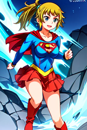 Fumina Hoshino, with her athletic build and passionate spirit, brings a lively and strong energy to the classic Supergirl costume. The bright blue top, featuring the iconic red and yellow 'S' emblem, complements her confident stance and energetic personality. Her blonde hair, tied up in her signature ponytail, adds a practical yet spirited touch, while the red cape flows behind her, accentuating her action-ready pose. The red skirt and matching knee-high boots complete her look, highlighting her athletic frame and dynamic style. With her usual enthusiastic smile and determined eyes, Fumina embodies the essence of Supergirl with a unique twist. Her transformation amplifies her natural courage and resilience, blending her love for competition with the heroism of the Supergirl persona. In this costume, Fumina looks ready to face any challenge head-on, inspiring those around her with her boundless energy, strength, and unwavering resolve.