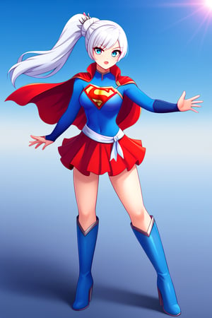 Weiss Schnee, with her graceful poise and sharp elegance, brings a regal touch to the classic Supergirl costume. The vibrant blue top, emblazoned with the red and yellow 'S' emblem, contrasts beautifully with her signature snow-white hair, which is styled in its familiar side ponytail. A flowing red cape drapes behind her, adding a dynamic sense of movement and power, complementing her composed and refined presence. The red skirt and knee-high boots complete the outfit, showcasing her agility and strength.

Weiss’s icy blue eyes and confident expression add a cool, determined edge to the typically bright and hopeful Supergirl persona. Her natural sense of leadership, discipline, and responsibility blend perfectly with the heroic aura of Supergirl. In this transformation, Weiss becomes a symbol of grace and power, ready to stand tall as both a protector and a fighter, combining her unyielding resolve with the strength and courage of a superhero.