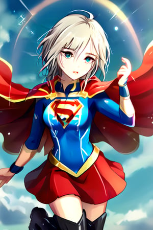 Anastasia, with her serene and graceful demeanor, brings a calm yet powerful elegance to the classic Supergirl costume. The bold blue top, emblazoned with the red and yellow 'S' emblem, contrasts beautifully with her platinum gray hair, which falls gracefully around her shoulders. Her red cape flows gently behind her, adding a sense of poise and quiet strength to her look. The red skirt and knee-high boots complete the ensemble, highlighting her tall and slender figure, giving her an aura of both beauty and power.

Anastasia’s expression, typically calm and thoughtful, now carries a subtle determination, blending her natural grace with the heroic essence of Supergirl. Her transformation captures the perfect balance of elegance and strength, embodying the spirit of a true heroine. In this superhero guise, Anastasia shines as a protector, ready to take on any challenge with her composed confidence and quiet resolve, inspiring those around her with both her beauty and inner strength,supergirl,ANASTASIA