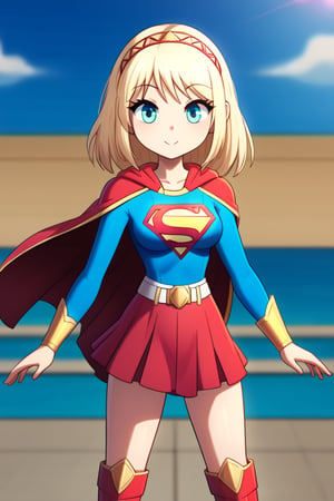 Cayna, with her powerful yet whimsical personality, looks both regal and heroic in the classic Supergirl costume. Her short blond hair flows gracefully down her back, standing out against the vibrant blue top with the iconic red and yellow 'S' emblem emblazoned on her chest. A flowing red cape trails behind her, adding a sense of grandeur and movement to her already imposing presence. The outfit is completed with a red skirt and matching knee-high boots, enhancing her strong and agile figure honed through her magical abilities.

Cayna’s confident yet playful expression, combined with the heroic aura of Supergirl, reflects her status as a powerful mage in the virtual world of Leadale. Her blend of power and warmth makes her a fitting embodiment of Supergirl, radiating both strength and compassion, ready to protect and inspire those around her.
