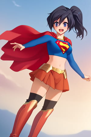 Fujisawa Aya, known for her calm and composed personality, brings a graceful and poised presence to the classic Supergirl costume. The bright blue top with the iconic red and yellow 'S' emblem complements her serene expression and reserved nature. Her shoulder-length, black hair falls neatly around her face, while the red cape flows behind her, adding a subtle sense of movement and strength. The red skirt and red knee-high boots complete the look, giving her an elegant yet empowered appearance.

With her gentle smile and calm demeanor, Aya embodies a more thoughtful and composed take on Supergirl, blending heroism with her usual grace. In this costume, she conveys quiet strength and resolve, ready to face any challenge with dignity and poise. Her transformation captures the essence of a hero who leads with both compassion and inner strength, making her an inspiring figure who brings warmth and courage to those around her.,supergirl,fujisawa aya(gbd)