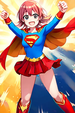 Komiya Kaho, with her boundless energy and enthusiasm, brings a bright and cheerful twist to the classic Supergirl costume. The vibrant blue top with the red and yellow 'S' emblem adds a bold pop of color that perfectly complements her lively personality. Her short, fluffy red hair bounces playfully around her face, while the red cape flows behind her in sync with her dynamic movements. The red skirt and matching knee-high boots complete the look, giving her a fun yet heroic appearance.

With her ever-joyful smile and sparkling eyes, Kaho steps into the role of Supergirl with a youthful excitement, embodying a superhero ready to leap into action with optimism and energy. Her transformation captures her spontaneous and brave spirit, showing a Supergirl who’s not just powerful but also full of heart and enthusiasm. In this costume, Kaho shines as a heroine who brings joy and courage to everyone around her, ready to tackle challenges with her bright outlook and boundless spirit.,KOMIYA KAHO,supergirl