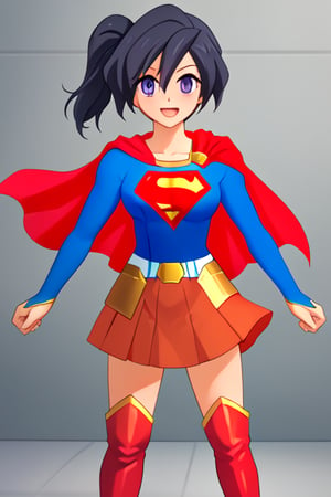 Fujisawa Aya, known for her calm and composed personality, brings a graceful and poised presence to the classic Supergirl costume. The bright blue top with the iconic red and yellow 'S' emblem complements her serene expression and reserved nature. Her shoulder-length, black hair falls neatly around her face, while the red cape flows behind her, adding a subtle sense of movement and strength. The red skirt and red knee-high boots complete the look, giving her an elegant yet empowered appearance.

With her gentle smile and calm demeanor, Aya embodies a more thoughtful and composed take on Supergirl, blending heroism with her usual grace. In this costume, she conveys quiet strength and resolve, ready to face any challenge with dignity and poise. Her transformation captures the essence of a hero who leads with both compassion and inner strength, making her an inspiring figure who brings warmth and courage to those around her.,supergirl,fujisawa aya(gbd)