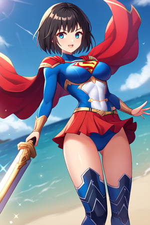 Erika, the skilled and disciplined swordswoman from "Shadowverse," exudes power and grace in the classic Supergirl costume. The vibrant blue top, emblazoned with the red and yellow 'S' emblem, fits perfectly with her fierce and focused demeanor. Her short black hair flows freely, adding a dramatic touch as the red cape billows behind her, accentuating her swift movements and readiness for action. The red skirt, paired with knee-high boots, emphasizes her lithe, athletic form, while maintaining the elegance and precision she's known for in combat.

Erika’s sharp gaze reflects her determination and unwavering sense of duty, blending her natural warrior spirit with the heroic essence of Supergirl. In this transformation, she retains her tactical mindset and sword skills but adds the empowering aura of a superhero. The Supergirl costume highlights her inner strength and drive, making her a symbol of both power and protection, always ready to defend with grace and skill.