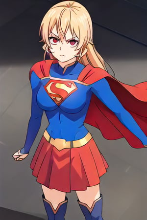 Erina Nakiri, with her regal presence and distinctive long blonde hair, stands confidently in the iconic Supergirl costume. The costume features a bold blue top with the famous red and yellow 'S' shield emblazoned across her chest, symbolizing strength and hope. A flowing red cape cascades from her shoulders, adding a touch of elegance that complements her aristocratic demeanor. The red skirt and matching knee-high boots complete the ensemble, enhancing her powerful yet graceful appearance. Her usual air of sophistication and authority is now combined with the heroic charm of Supergirl, making her look both formidable and inspiring.,supergirl, erina nakiri