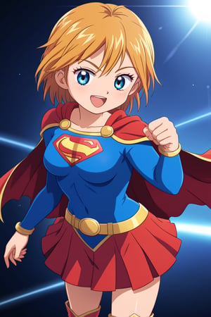 Nagisa Misumi, known for her sporty and energetic personality, brings a spirited charm to the classic Supergirl costume. The vibrant blue top, with the iconic red and yellow 'S' emblem on her chest, highlights her innate sense of justice and determination. A flowing red cape flutters behind her as she stands confidently, adding a heroic and dynamic touch that matches her active, athletic nature. The costume is completed with a red skirt and matching knee-high boots, which perfectly complement her strong and agile figure honed through her love of sports.

Nagisa’s usual bright smile and energetic stance blend seamlessly with the empowering aura of Supergirl, showing off her confidence and readiness to protect those she cares about. This transformation highlights Nagisa’s combination of strength, courage, and enthusiasm, making her the perfect embodiment of a young heroine full of life and ready to take on any challenge that comes her way.