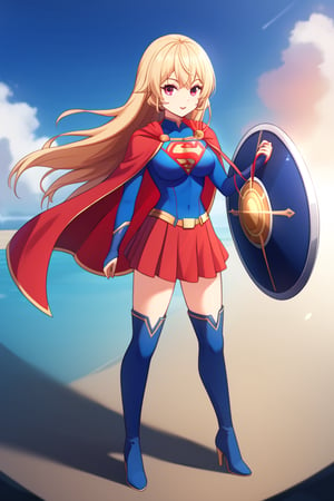 Erina Nakiri, with her regal presence and distinctive long blonde hair, stands confidently in the iconic Supergirl costume. The costume features a bold blue top with the famous red and yellow 'S' shield emblazoned across her chest, symbolizing strength and hope. A flowing red cape cascades from her shoulders, adding a touch of elegance that complements her aristocratic demeanor. The red skirt and matching knee-high boots complete the ensemble, enhancing her powerful yet graceful appearance. Her usual air of sophistication and authority is now combined with the heroic charm of Supergirl, making her look both formidable and inspiring.