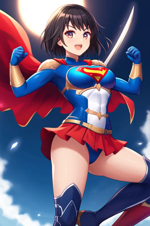 Erika, the skilled and disciplined swordswoman from "Shadowverse," exudes power and grace in the classic Supergirl costume. The vibrant blue top, emblazoned with the red and yellow 'S' emblem, fits perfectly with her fierce and focused demeanor. Her short black hair flows freely, adding a dramatic touch as the red cape billows behind her, accentuating her swift movements and readiness for action. The red skirt, paired with knee-high boots, emphasizes her lithe, athletic form, while maintaining the elegance and precision she's known for in combat.

Erika’s sharp gaze reflects her determination and unwavering sense of duty, blending her natural warrior spirit with the heroic essence of Supergirl. In this transformation, she retains her tactical mindset and sword skills but adds the empowering aura of a superhero. The Supergirl costume highlights her inner strength and drive, making her a symbol of both power and protection, always ready to defend with grace and skill.