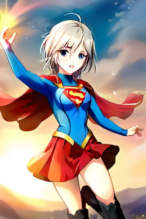 Anastasia, with her serene and graceful demeanor, brings a calm yet powerful elegance to the classic Supergirl costume. The bold blue top, emblazoned with the red and yellow 'S' emblem, contrasts beautifully with her platinum gray hair, which falls gracefully around her shoulders. Her red cape flows gently behind her, adding a sense of poise and quiet strength to her look. The red skirt and red knee-high boots complete the ensemble, highlighting her tall and slender figure, giving her an aura of both beauty and power.

Anastasia’s expression, typically calm and thoughtful, now carries a subtle determination, blending her natural grace with the heroic essence of Supergirl. Her transformation captures the perfect balance of elegance and strength, embodying the spirit of a true heroine. In this superhero guise, Anastasia shines as a protector, ready to take on any challenge with her composed confidence and quiet resolve, inspiring those around her with both her beauty and inner strength,supergirl,ANASTASIA