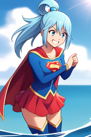 Aqua, with her playful and often mischievous demeanor, brings a unique and humorous charm to the classic Supergirl costume. The iconic blue top, emblazoned with the bright red and yellow 'S' emblem, is fitting against her water-themed color palette and complements her flowing blue hair. Her hair, pulled up in its usual high ponytail with a teal ribbon, gives her a lighthearted and whimsical look. The red cape flows behind her in dramatic fashion, adding to her usually exaggerated expressions and gestures. The red skirt and red knee-high boots round out the outfit, creating an interesting contrast with her usual divine but clumsy style.

With her trademark confident grin—perhaps a bit overconfident—Aqua steps into the Supergirl role with a humorous twist, blending her goddess bravado with the superhero’s iconic strength. Her natural charisma and quirks make her a playful Supergirl, ready to dive into challenges (or create them) with her spirited enthusiasm. In this costume, Aqua brings her own unpredictable flair, offering a comical but spirited take on heroism that’s sure to keep things entertaining.,supergirl,aqua