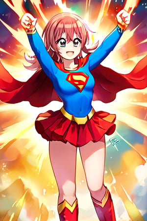 Komiya Kaho, with her boundless energy and enthusiasm, brings a bright and cheerful twist to the classic Supergirl costume. The vibrant blue top with the red and yellow 'S' emblem adds a bold pop of color that perfectly complements her lively personality. Her short, fluffy red hair bounces playfully around her face, while the red cape flows behind her in sync with her dynamic movements. The red skirt and matching knee-high boots complete the look, giving her a fun yet heroic appearance.

With her ever-joyful smile and sparkling eyes, Kaho steps into the role of Supergirl with a youthful excitement, embodying a superhero ready to leap into action with optimism and energy. Her transformation captures her spontaneous and brave spirit, showing a Supergirl who’s not just powerful but also full of heart and enthusiasm. In this costume, Kaho shines as a heroine who brings joy and courage to everyone around her, ready to tackle challenges with her bright outlook and boundless spirit.,KOMIYA KAHO,supergirl