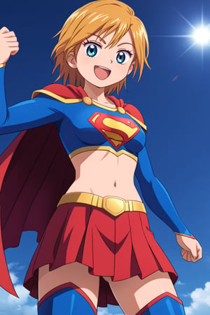 Nagisa Misumi, known for her sporty and energetic personality, brings a spirited charm to the classic Supergirl costume. The vibrant blue top, with the iconic red and yellow 'S' emblem on her chest, highlights her innate sense of justice and determination. A flowing red cape flutters behind her as she stands confidently, adding a heroic and dynamic touch that matches her active, athletic nature. The costume is completed with a red skirt and matching knee-high boots, which perfectly complement her strong and agile figure honed through her love of sports.

Nagisa’s usual bright smile and energetic stance blend seamlessly with the empowering aura of Supergirl, showing off her confidence and readiness to protect those she cares about. This transformation highlights Nagisa’s combination of strength, courage, and enthusiasm, making her the perfect embodiment of a young heroine full of life and ready to take on any challenge that comes her way.