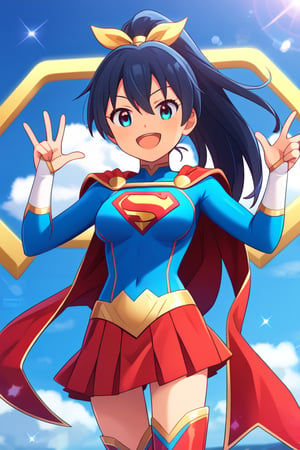 Hibiki Ganaha, with her energetic and cheerful personality, radiates confidence in the classic Supergirl costume. The bright blue top, featuring the iconic red and yellow 'S' emblem, enhances her lively presence. Her signature long black hair, usually tied in a high ponytail, swings freely as her red cape flows behind her, giving her a dynamic and heroic appearance. The red skirt and matching knee-high boots complete the look, emphasizing her athleticism and agility, qualities that perfectly align with her active and energetic nature.

Hibiki’s expression beams with excitement and determination, blending her natural enthusiasm with the strength and courage of Supergirl. Her positive energy and strong sense of loyalty are amplified in this superhero guise, making her the perfect embodiment of a powerful, upbeat heroine. In the Supergirl costume, Hibiki is ready to take on any challenge with her characteristic vigor, inspiring those around her with her boundless energy and can-do attitude.