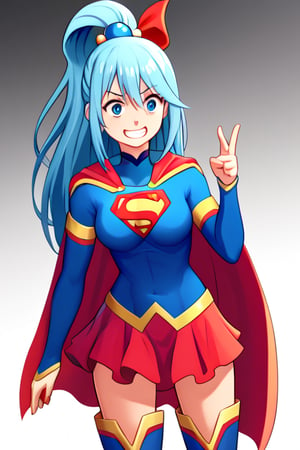 Aqua, with her playful and often mischievous demeanor, brings a unique and humorous charm to the classic Supergirl costume. The iconic blue top, emblazoned with the bright red and yellow 'S' emblem, is fitting against her water-themed color palette and complements her flowing blue hair. Her hair, pulled up in its usual high ponytail with a teal ribbon, gives her a lighthearted and whimsical look. The red cape flows behind her in dramatic fashion, adding to her usually exaggerated expressions and gestures. The red skirt and red knee-high boots round out the outfit, creating an interesting contrast with her usual divine but clumsy style.

With her trademark confident grin—perhaps a bit overconfident—Aqua steps into the Supergirl role with a humorous twist, blending her goddess bravado with the superhero’s iconic strength. Her natural charisma and quirks make her a playful Supergirl, ready to dive into challenges (or create them) with her spirited enthusiasm. In this costume, Aqua brings her own unpredictable flair, offering a comical but spirited take on heroism that’s sure to keep things entertaining.,supergirl,aqua