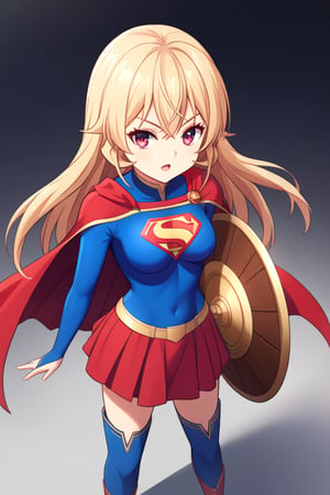 Erina Nakiri, with her regal presence and distinctive long blonde hair, stands confidently in the iconic Supergirl costume. The costume features a bold blue top with the famous red and yellow 'S' shield emblazoned across her chest, symbolizing strength and hope. A flowing red cape cascades from her shoulders, adding a touch of elegance that complements her aristocratic demeanor. The red skirt and matching knee-high boots complete the ensemble, enhancing her powerful yet graceful appearance. Her usual air of sophistication and authority is now combined with the heroic charm of Supergirl, making her look both formidable and inspiring.