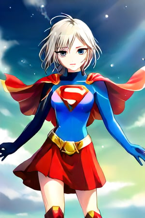 Anastasia, with her serene and graceful demeanor, brings a calm yet powerful elegance to the classic Supergirl costume. The bold blue top, emblazoned with the red and yellow 'S' emblem, contrasts beautifully with her platinum gray hair, which falls gracefully around her shoulders. Her red cape flows gently behind her, adding a sense of poise and quiet strength to her look. The red skirt and red knee-high boots complete the ensemble, highlighting her tall and slender figure, giving her an aura of both beauty and power.

Anastasia’s expression, typically calm and thoughtful, now carries a subtle determination, blending her natural grace with the heroic essence of Supergirl. Her transformation captures the perfect balance of elegance and strength, embodying the spirit of a true heroine. In this superhero guise, Anastasia shines as a protector, ready to take on any challenge with her composed confidence and quiet resolve, inspiring those around her with both her beauty and inner strength,supergirl,ANASTASIA