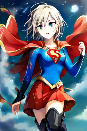 Anastasia, with her serene and graceful demeanor, brings a calm yet powerful elegance to the classic Supergirl costume. The bold blue top, emblazoned with the red and yellow 'S' emblem, contrasts beautifully with her platinum gray hair, which falls gracefully around her shoulders. Her red cape flows gently behind her, adding a sense of poise and quiet strength to her look. The red skirt and knee-high boots complete the ensemble, highlighting her tall and slender figure, giving her an aura of both beauty and power.

Anastasia’s expression, typically calm and thoughtful, now carries a subtle determination, blending her natural grace with the heroic essence of Supergirl. Her transformation captures the perfect balance of elegance and strength, embodying the spirit of a true heroine. In this superhero guise, Anastasia shines as a protector, ready to take on any challenge with her composed confidence and quiet resolve, inspiring those around her with both her beauty and inner strength,supergirl,ANASTASIA