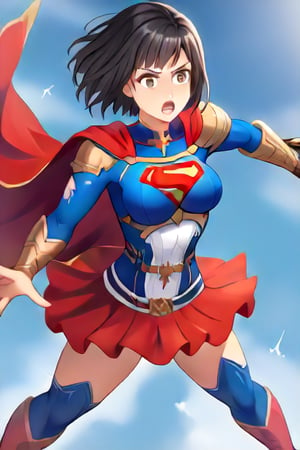 Erika, the skilled and disciplined swordswoman from "Shadowverse," exudes power and grace in the classic Supergirl costume. The vibrant blue top, emblazoned with the red and yellow 'S' emblem, fits perfectly with her fierce and focused demeanor. Her short black hair flows freely, adding a dramatic touch as the red cape billows behind her, accentuating her swift movements and readiness for action. The red skirt, paired with red knee-high boots, emphasizes her lithe, athletic form, while maintaining the elegance and precision she's known for in combat.

Erika’s sharp gaze reflects her determination and unwavering sense of duty, blending her natural warrior spirit with the heroic essence of Supergirl. In this transformation, she retains her tactical mindset and sword skills but adds the empowering aura of a superhero. The Supergirl costume highlights her inner strength and drive, making her a symbol of both power and protection, always ready to defend with grace and skill.