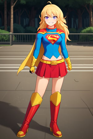 Yang Xiao Long, with her fiery personality and unshakable confidence, looks bold and powerful in the classic Supergirl costume. The vibrant blue top, featuring the iconic red and yellow 'S' emblem, perfectly complements her golden blonde hair, which flows freely in its signature wild style. A bright red cape billows behind her, adding to her dynamic and energetic presence, as it moves with every step. The red skirt and knee-high boots emphasize her athletic, muscular build, showcasing the raw strength she’s known for.

Yang’s confident grin and fearless gaze blend seamlessly with the empowering Supergirl persona. Her natural charisma and love for a good fight are perfectly enhanced by the superhero look, making her appear both strong and heroic. In this transformation, Yang embodies the best traits of a superhero, radiating courage, strength, and a fearless attitude, always ready to take on any challenge while protecting those she cares about.