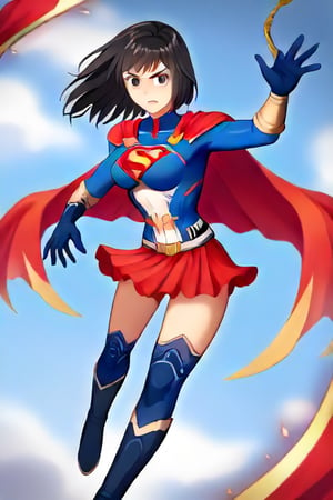 Erika, the skilled and disciplined swordswoman from "Shadowverse," exudes power and grace in the classic Supergirl costume. The vibrant blue top, emblazoned with the red and yellow 'S' emblem, fits perfectly with her fierce and focused demeanor. Her long black hair flows freely, adding a dramatic touch as the red cape billows behind her, accentuating her swift movements and readiness for action. The red skirt, paired with knee-high boots, emphasizes her lithe, athletic form, while maintaining the elegance and precision she's known for in combat.

Erika’s sharp gaze reflects her determination and unwavering sense of duty, blending her natural warrior spirit with the heroic essence of Supergirl. In this transformation, she retains her tactical mindset and sword skills but adds the empowering aura of a superhero. The Supergirl costume highlights her inner strength and drive, making her a symbol of both power and protection, always ready to defend with grace and skill.